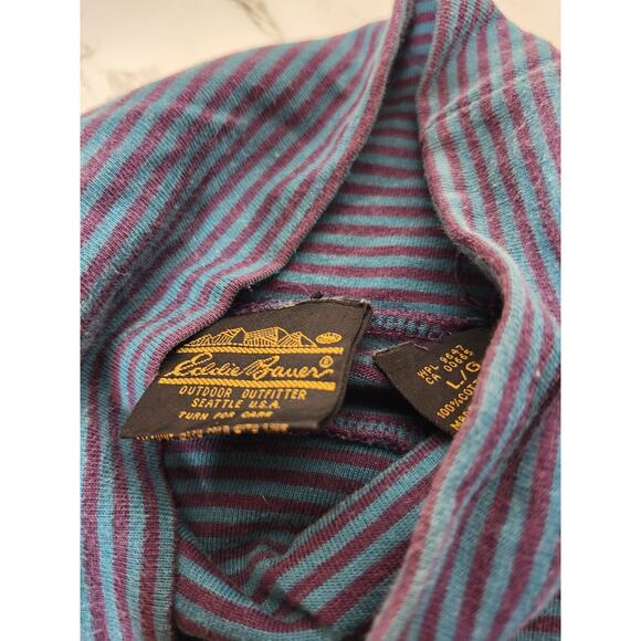 Vintage 80s Eddie Bauer Striped Cotton Turtleneck Shirt – Made in Singapore Sz L - Picture 5 of 15